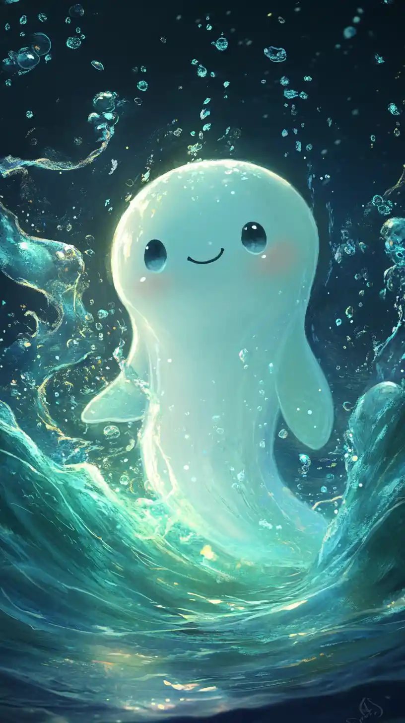 粉彩海洋場景中的可愛發光海浪角色