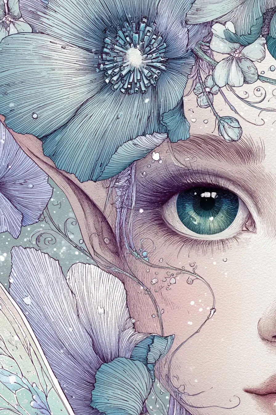 Joyful fairy girl portrait in watercolor ink illustration