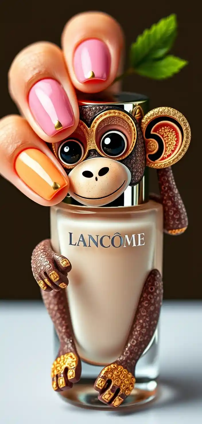 Playful monkey holding colorful cosmetic nail polish bottles