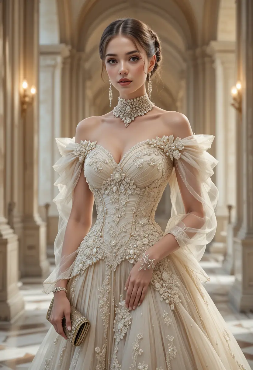 Elegante Couture-Modefrau in klassischem Interieur