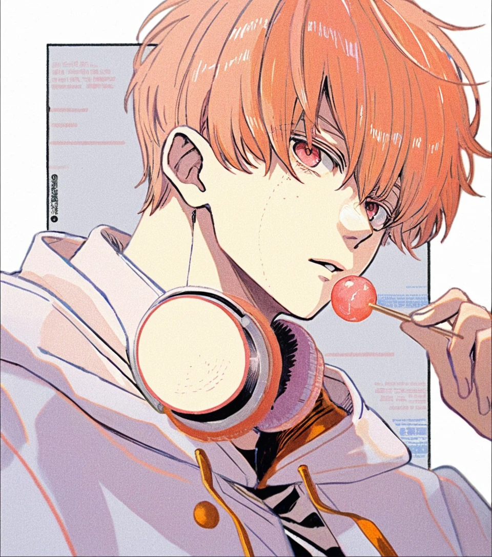 Playful anime boy with headphones and lollipop portrait