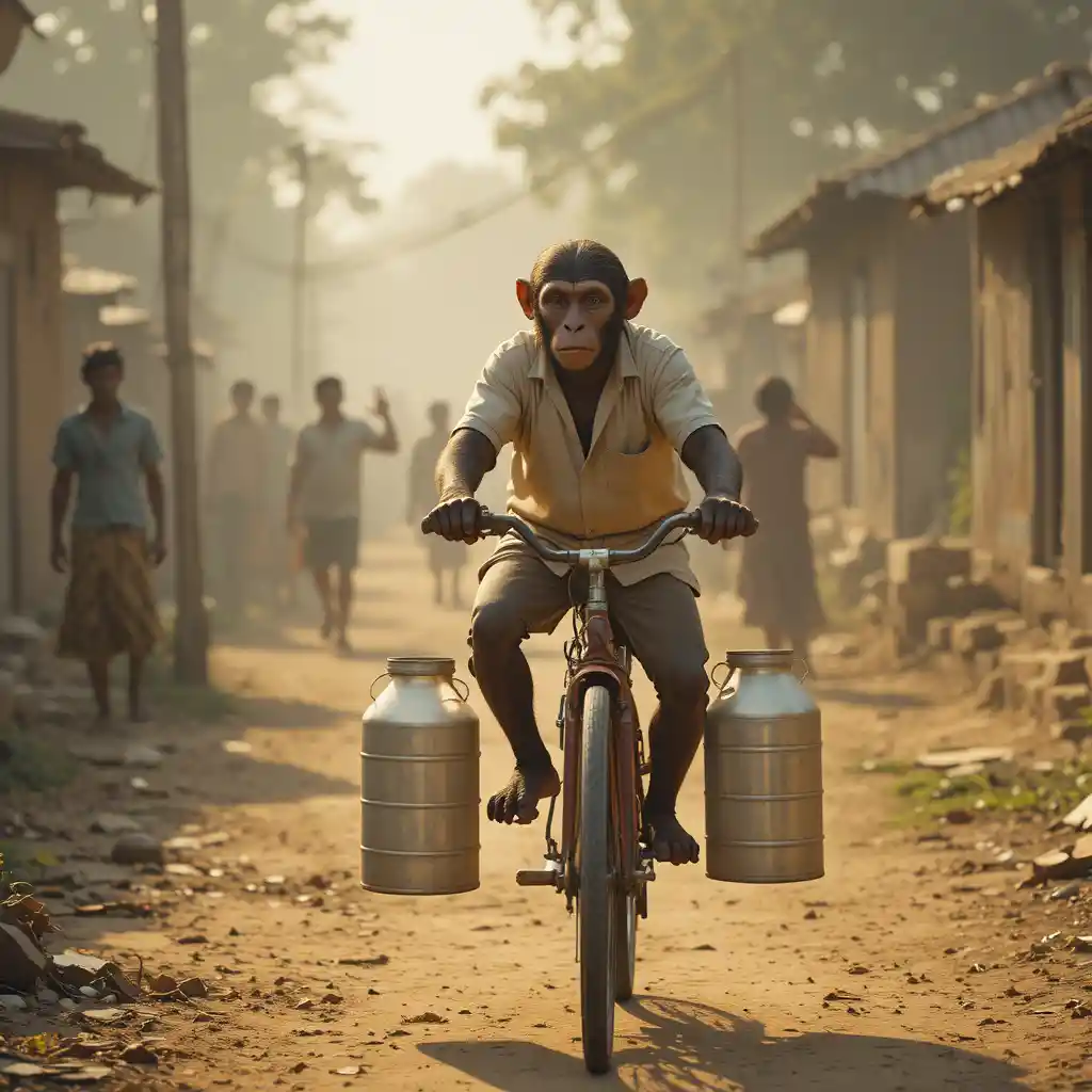 Humanoid Monkey Cycling Through A Sunlit Indian Village