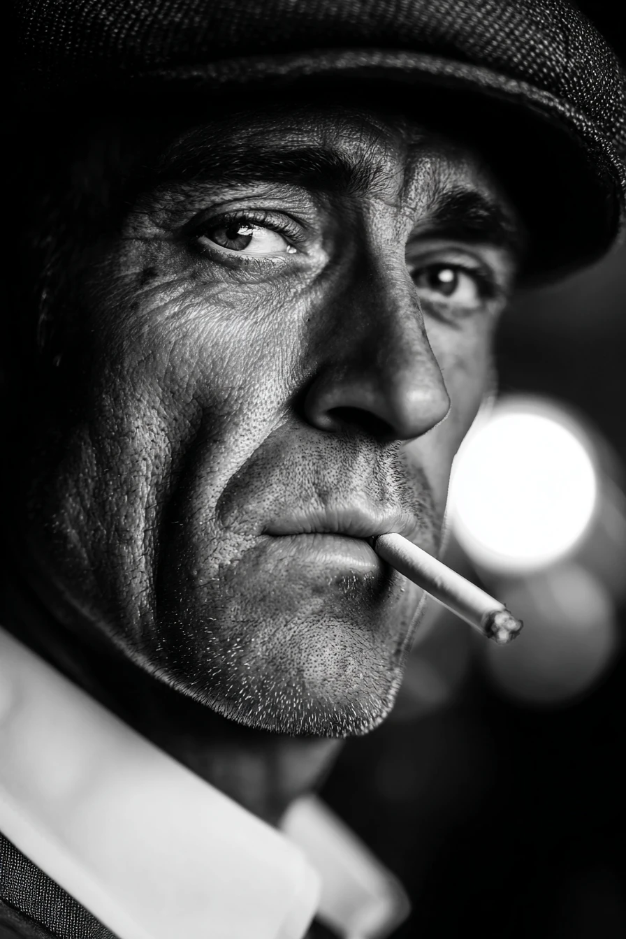 Retrato en primer plano en blanco y negro granulado de un hombre fumando