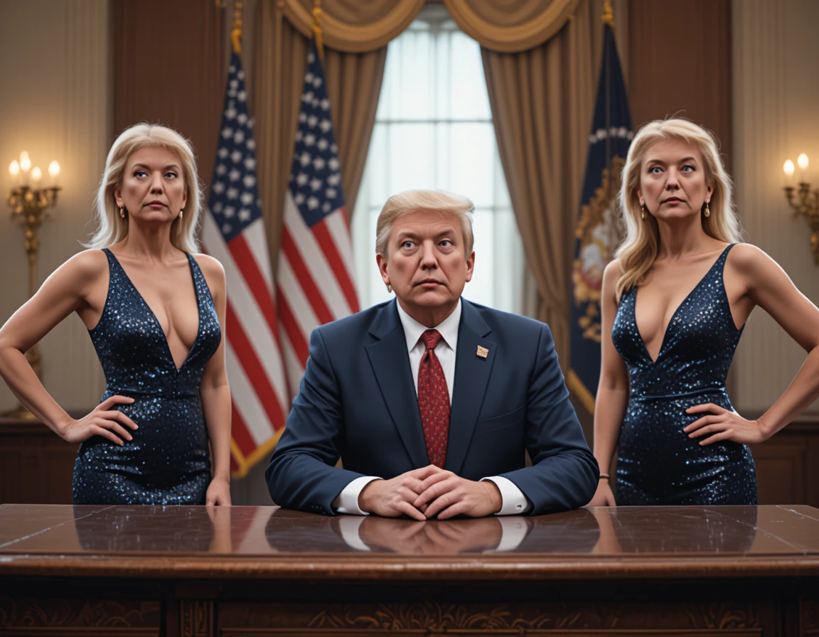 Confident leader at desk with two elegant women beside him