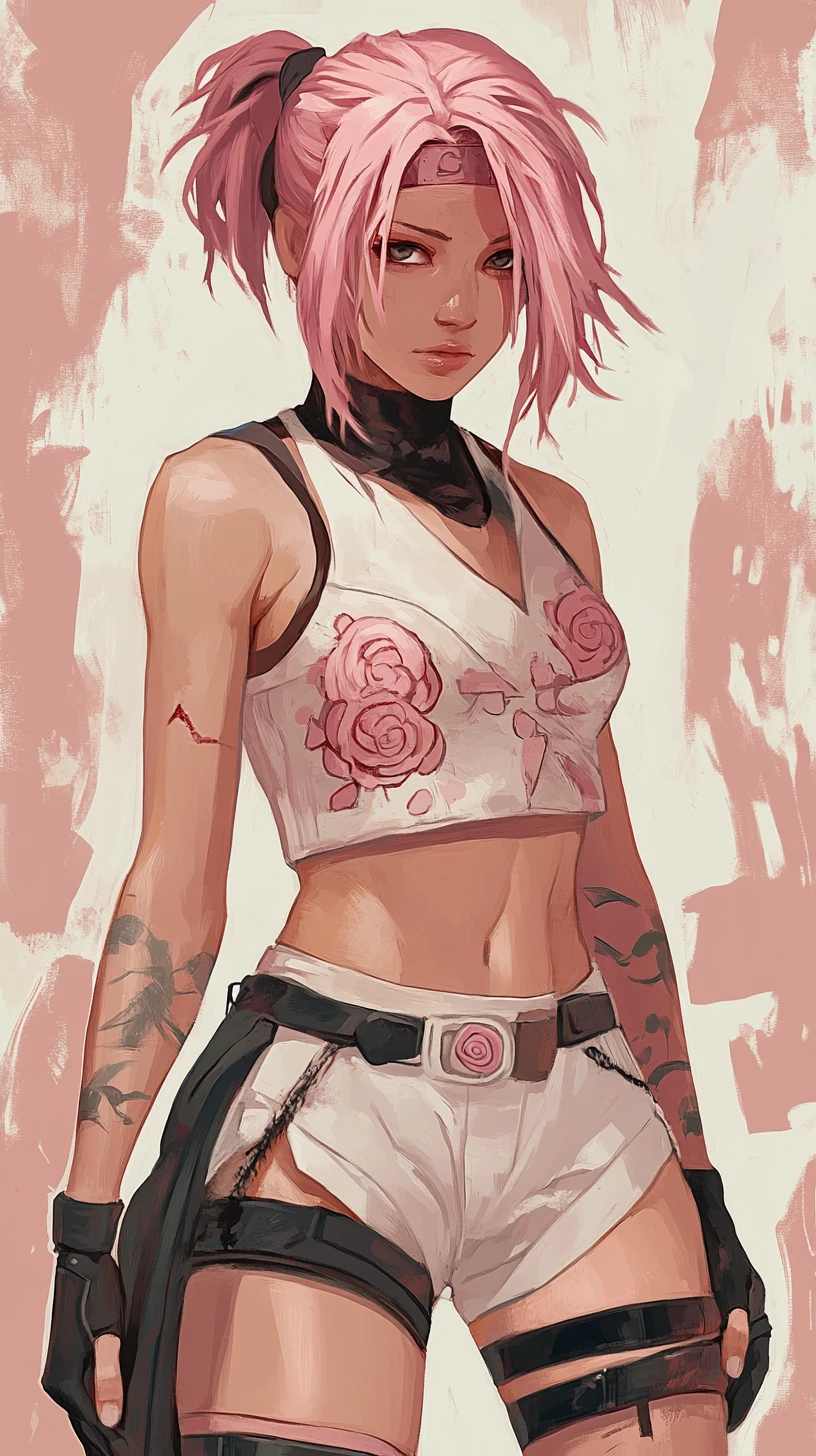 Mulher de anime de cabelo rosa com jaqueta aviador floral