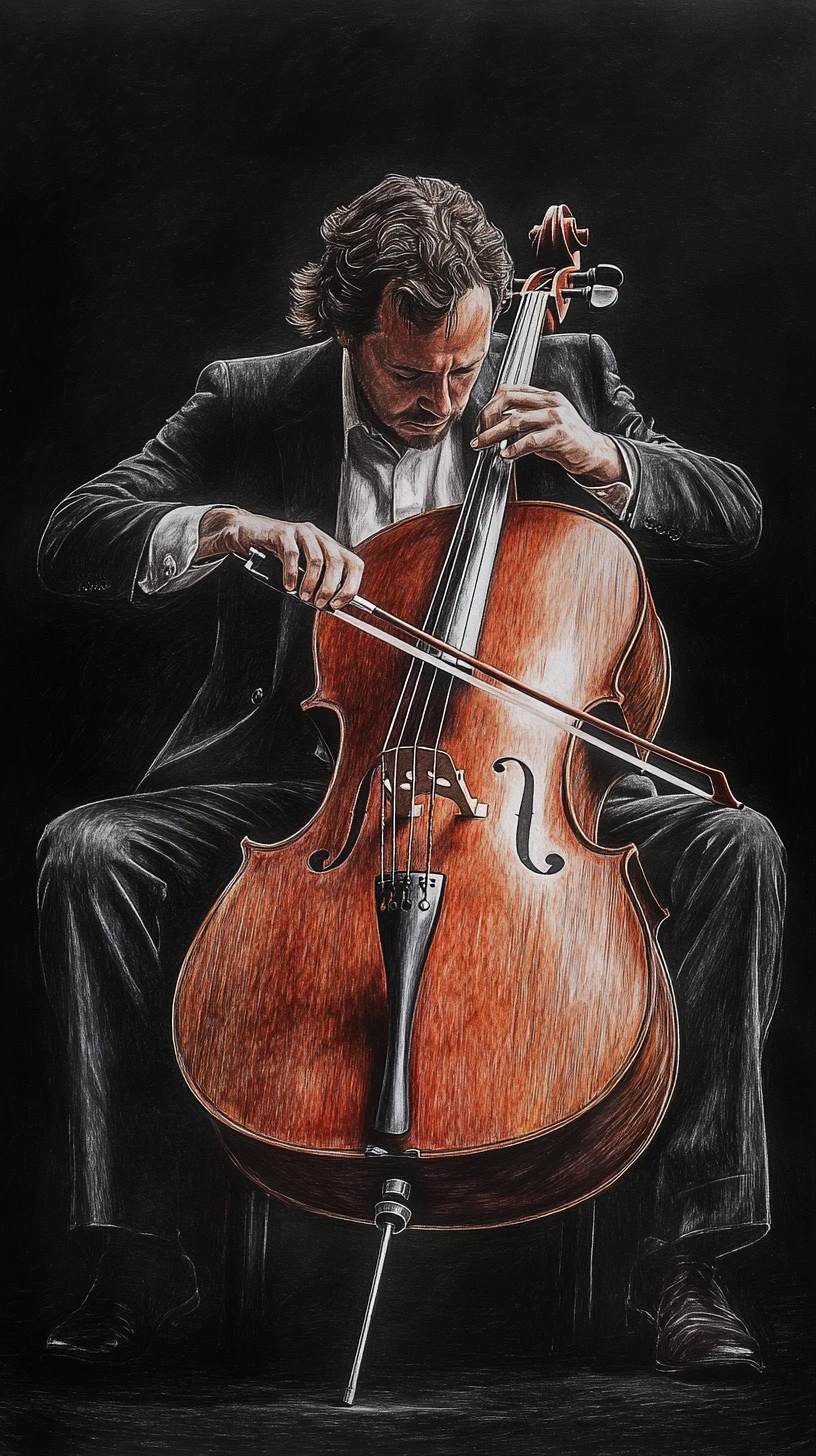 Violoncelle dans un costume sombre jouant un violoncelle en bois sur scène