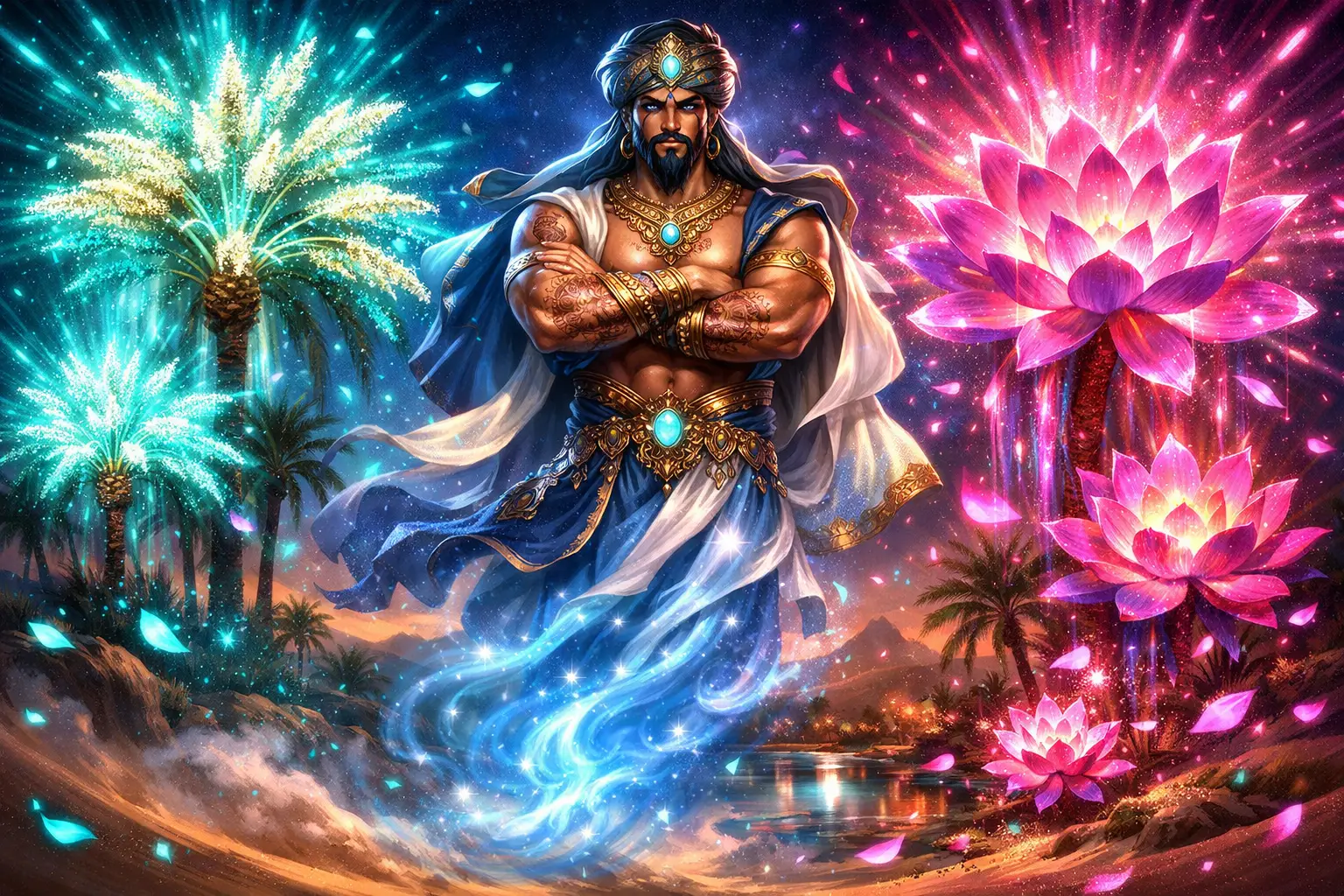 Majestic djinn rising from swirling sand at oasis twilight