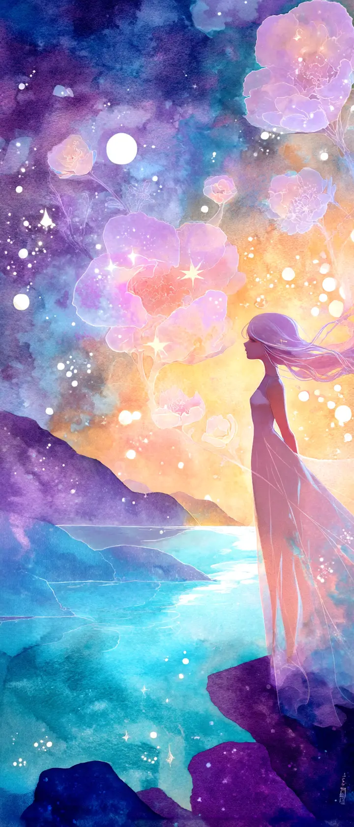 Anime girl on a sea cliff at twilight with glowing aura