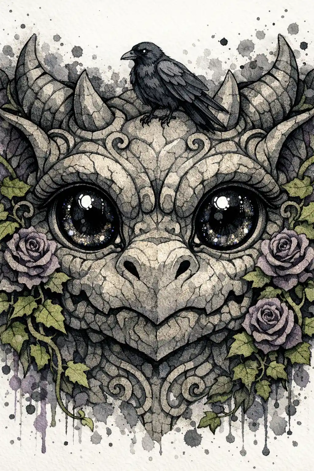 Gothic gargoyle close up with ivy and raven details