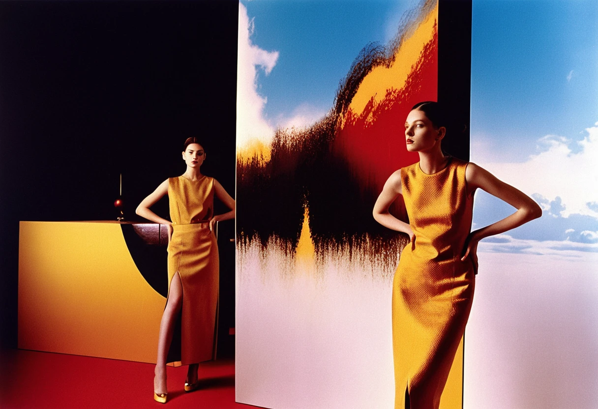 Female models in minimalist 2000s high fashion studio scene