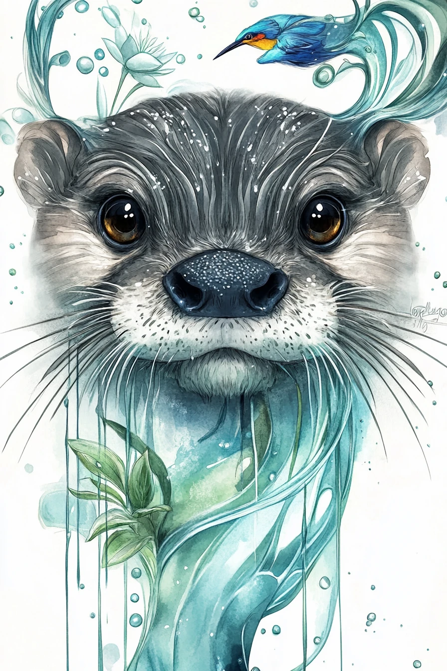 Giocosa illustrazione ad acquerello di un muso di lontra con vivaci dettagli fluviali