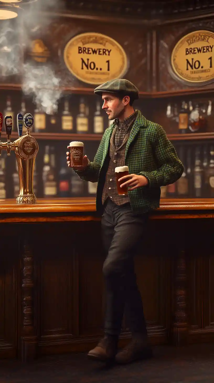 Man At Vintage Pub Bar With Beer And Cigarette