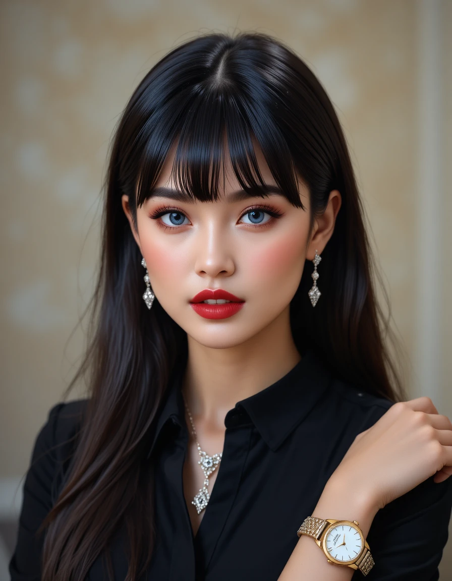 다이아몬드와 레드 립으로 완성된 우아한 브루네트 소녀 초상