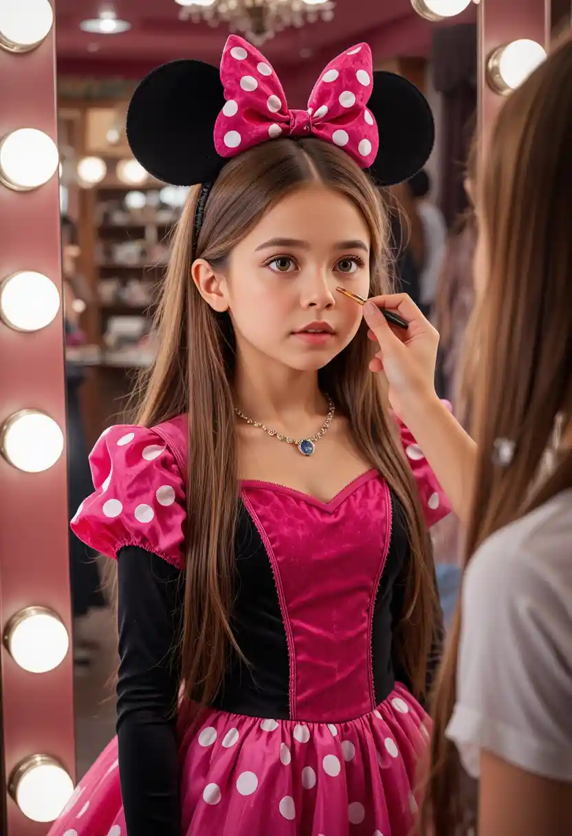 Young boy in Minnie dress facing his reflection in makeup room