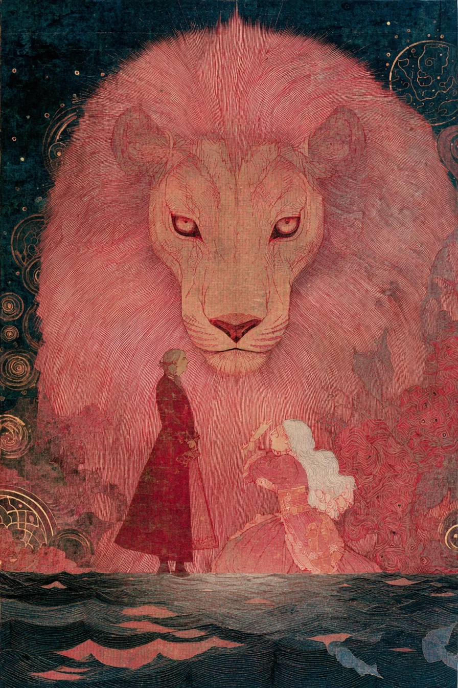 Surreal lion and prince in a romantic magical fantasy scene
