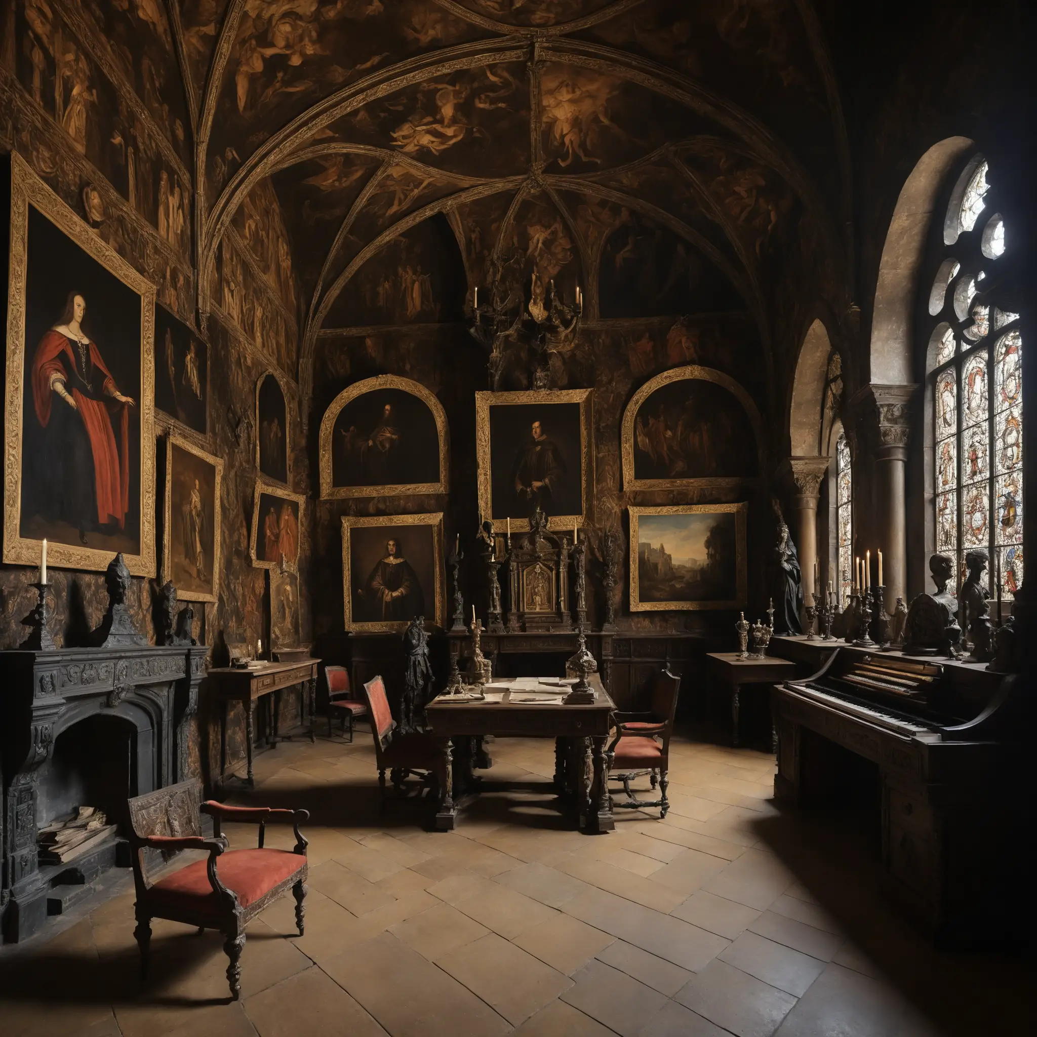 Dramatic torchlit hall inside an ancient gothic castle
