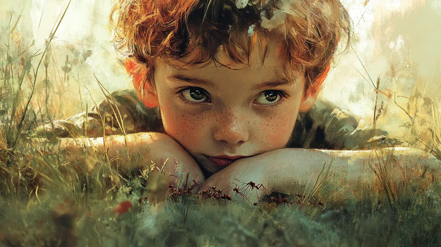 Young boy watching ants in grass in soft sunlight
