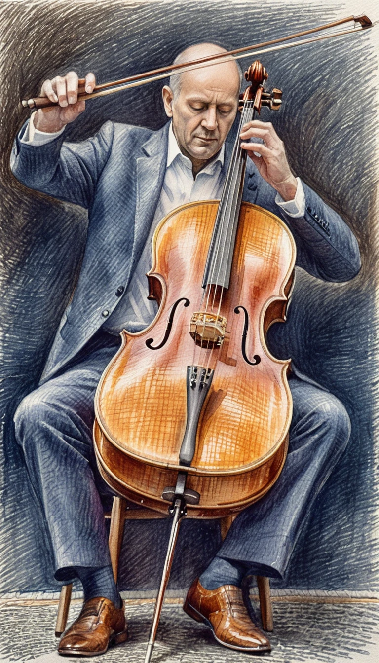 Cellist im dunklen Anzug spielt ein Holzcello auf der Bühne