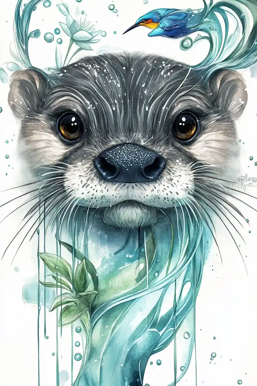 Playful watercolor otter face illustration with lively river details