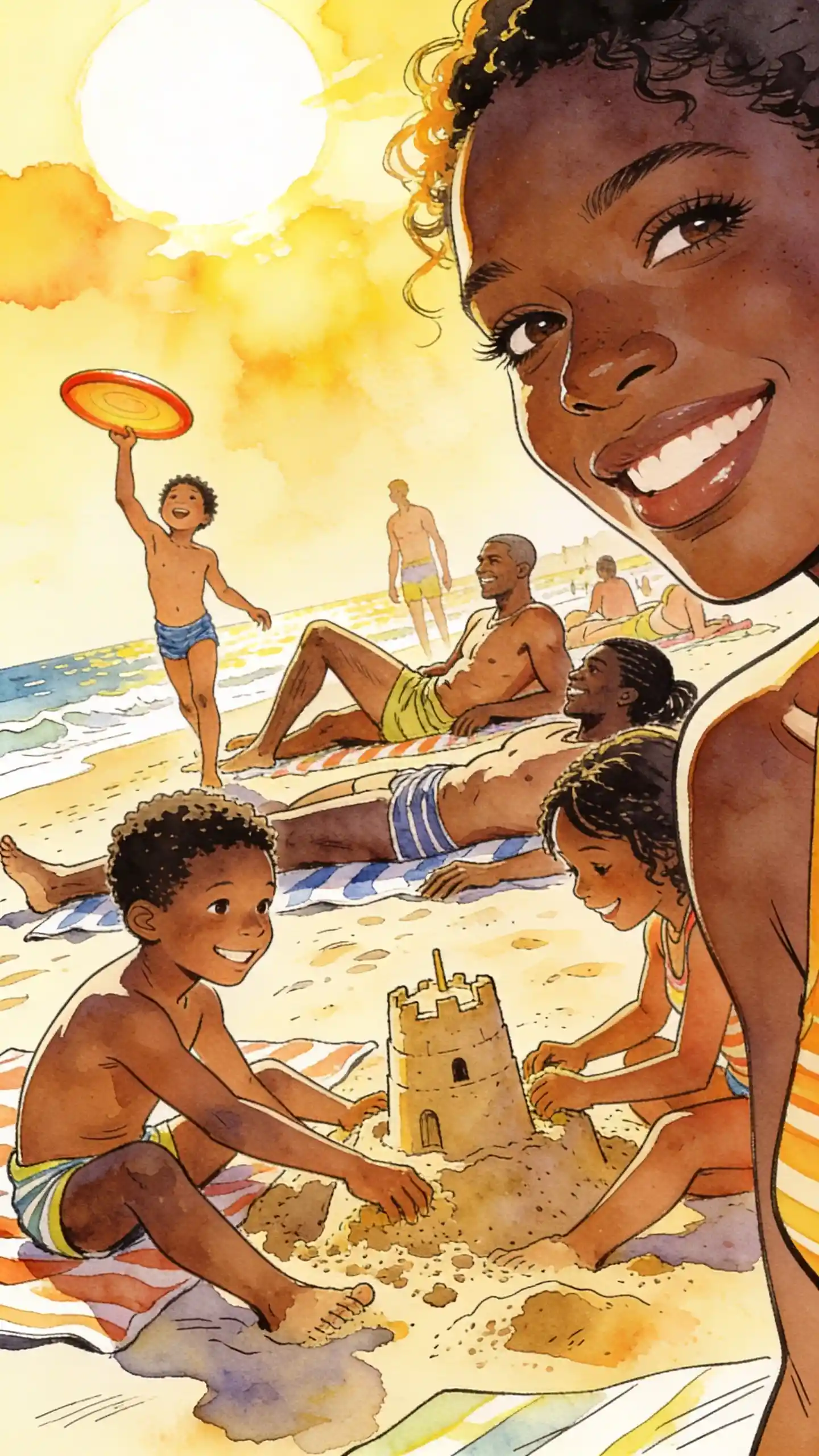 Fröhliche Freunde entspannen gemeinsam an einem sonnigen Strand