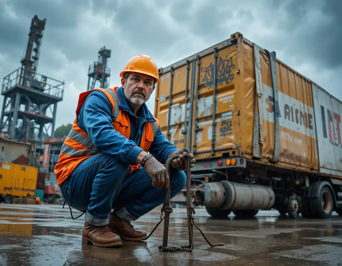 Operário da construção carregando barril em caminhão sob chuva forte