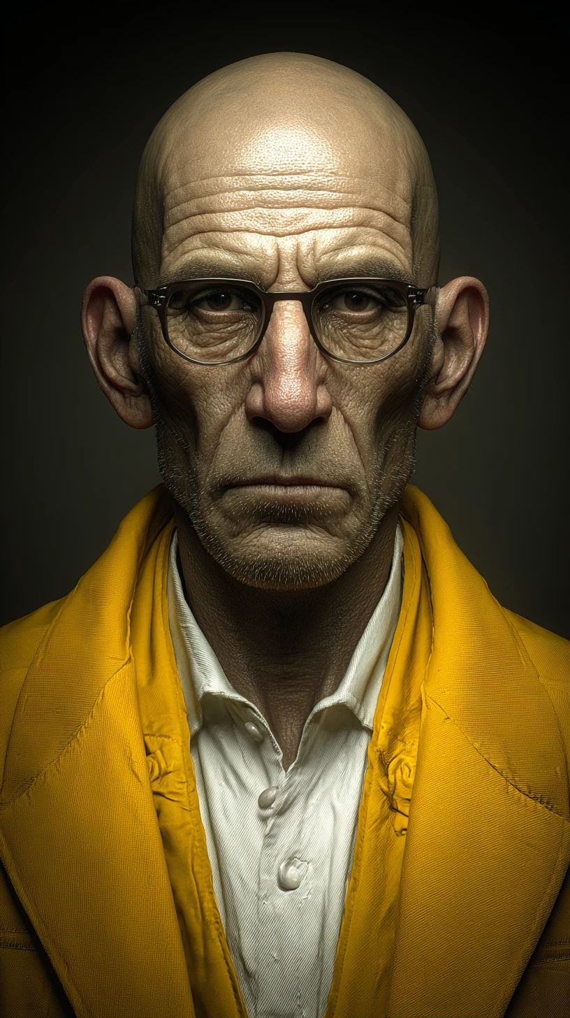 Bald man in yellow jacket intense cinematic close up portrait