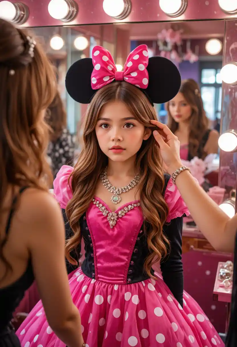 Ragazzo con abito di Minnie Mouse davanti allo specchio trucco