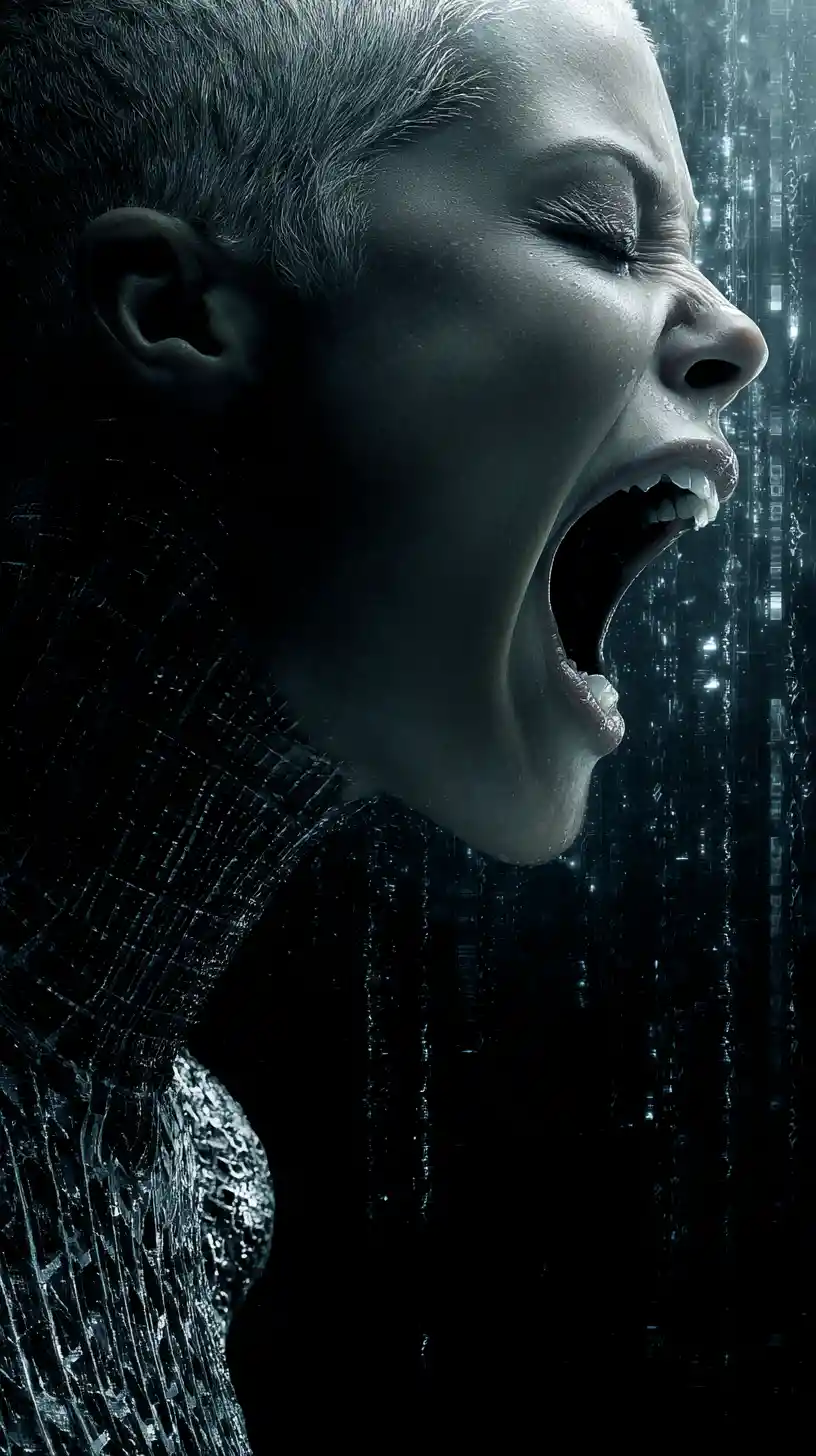 Prêtresse cyborg pâle dans une sombre scène futuriste