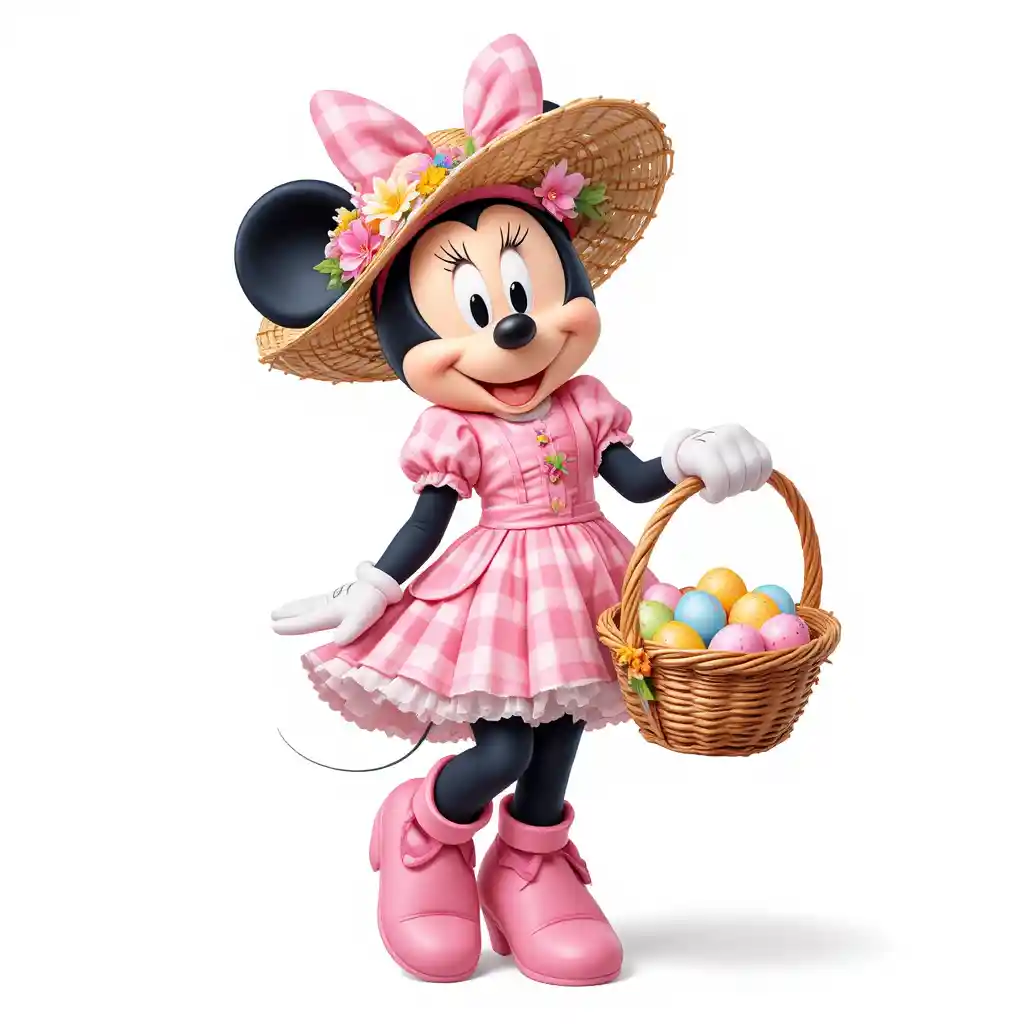Topolino dei cartoni in abito rosa di Pasqua con cestino di uova colorate