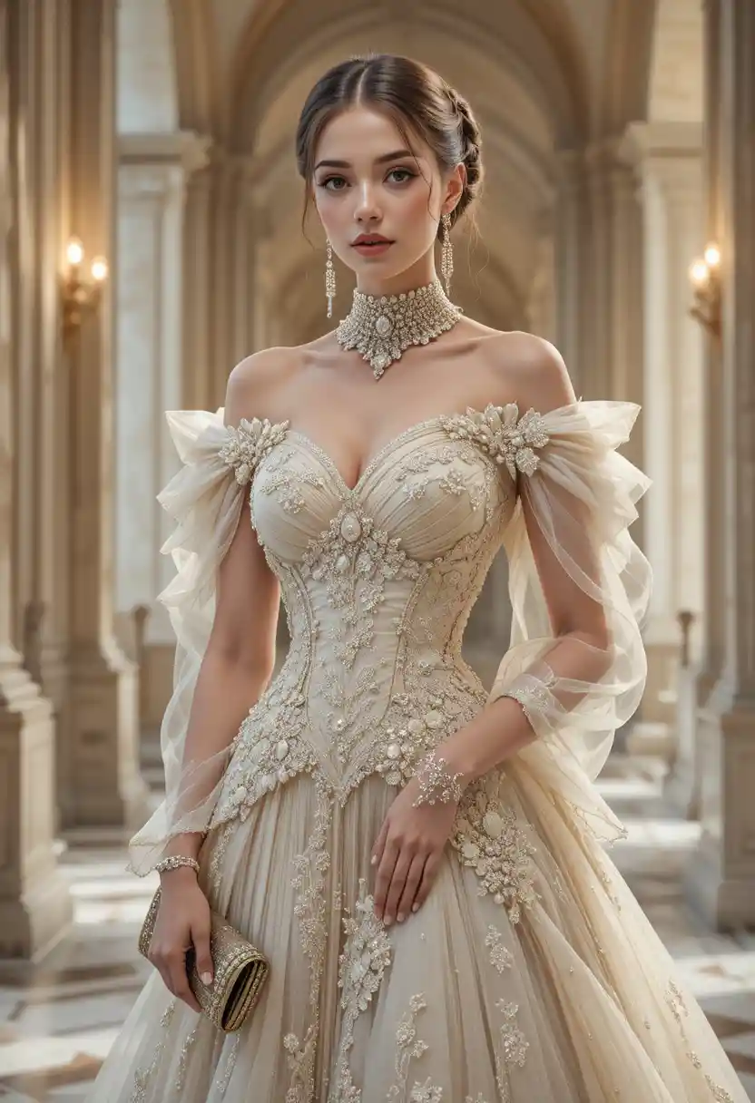Elegante Couture-Modefrau in klassischem Interieur