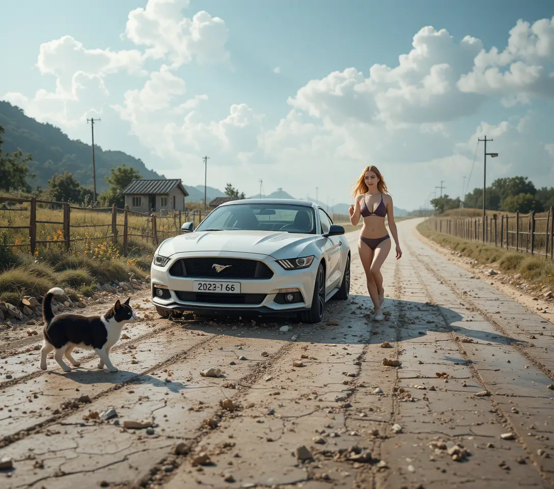 Donna bionda in bikini nero posa accanto a un'auto nera personalizzata