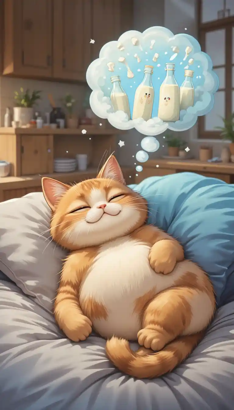Cute cartoon cat dreaming of milk on cozy bed