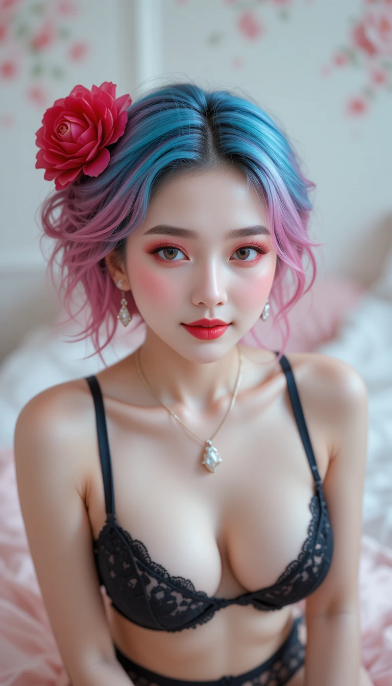 Beautiful Chinese girl with neon blue hair on bed