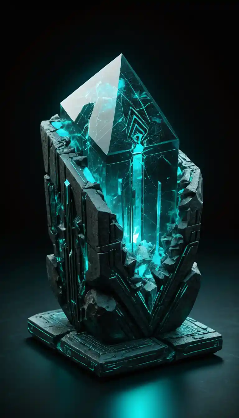 Ancient alien crystal monolith with glowing runes and energy