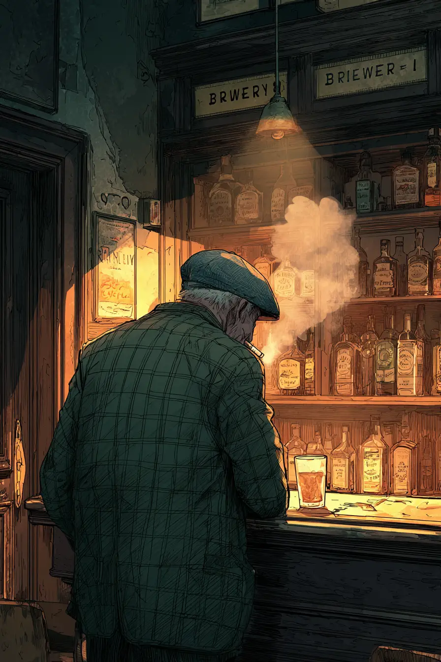 Elderly man alone at the bar in warm dim light