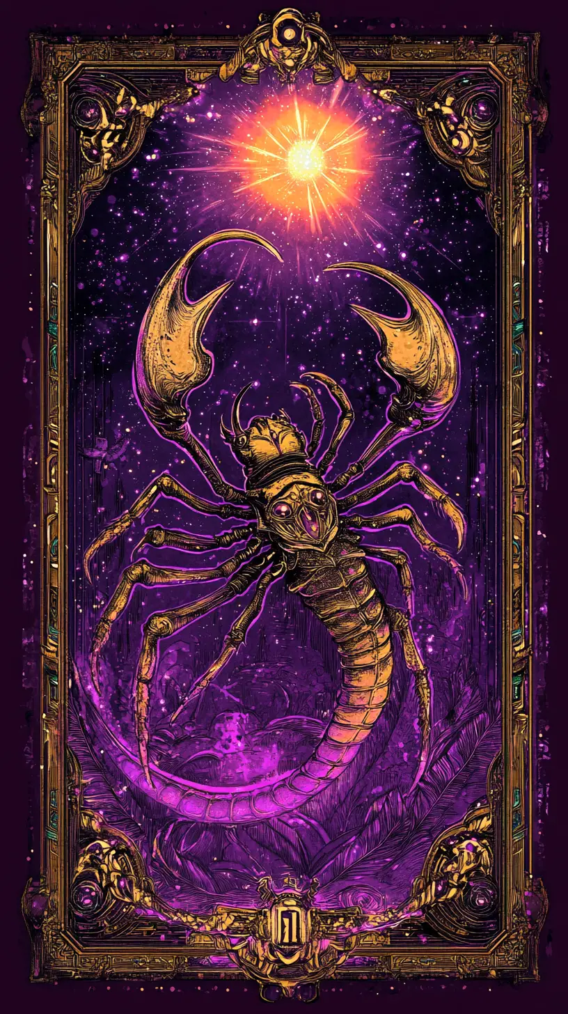 Cosmic scorpion diva with radiant purple aura