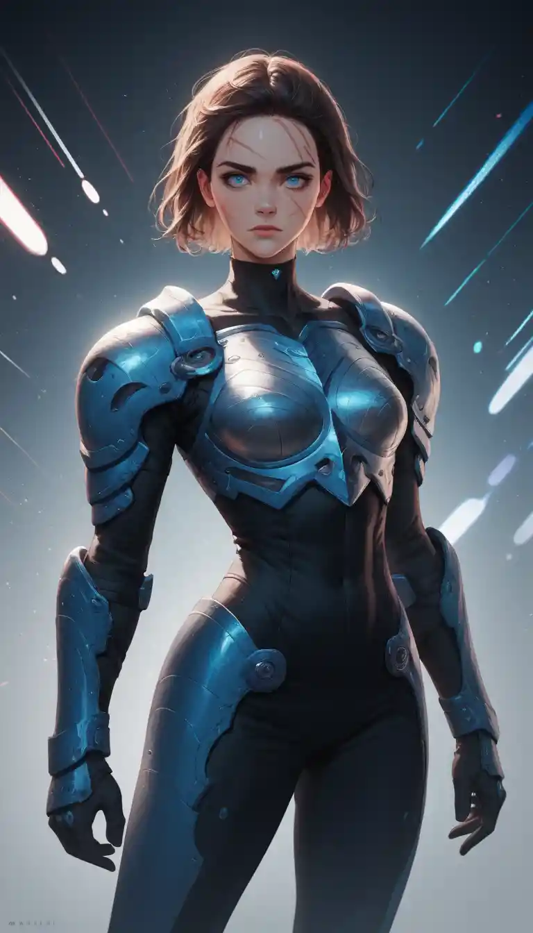 自信に満ちたアニメの女戦士が都会の公共の場でポーズをとる