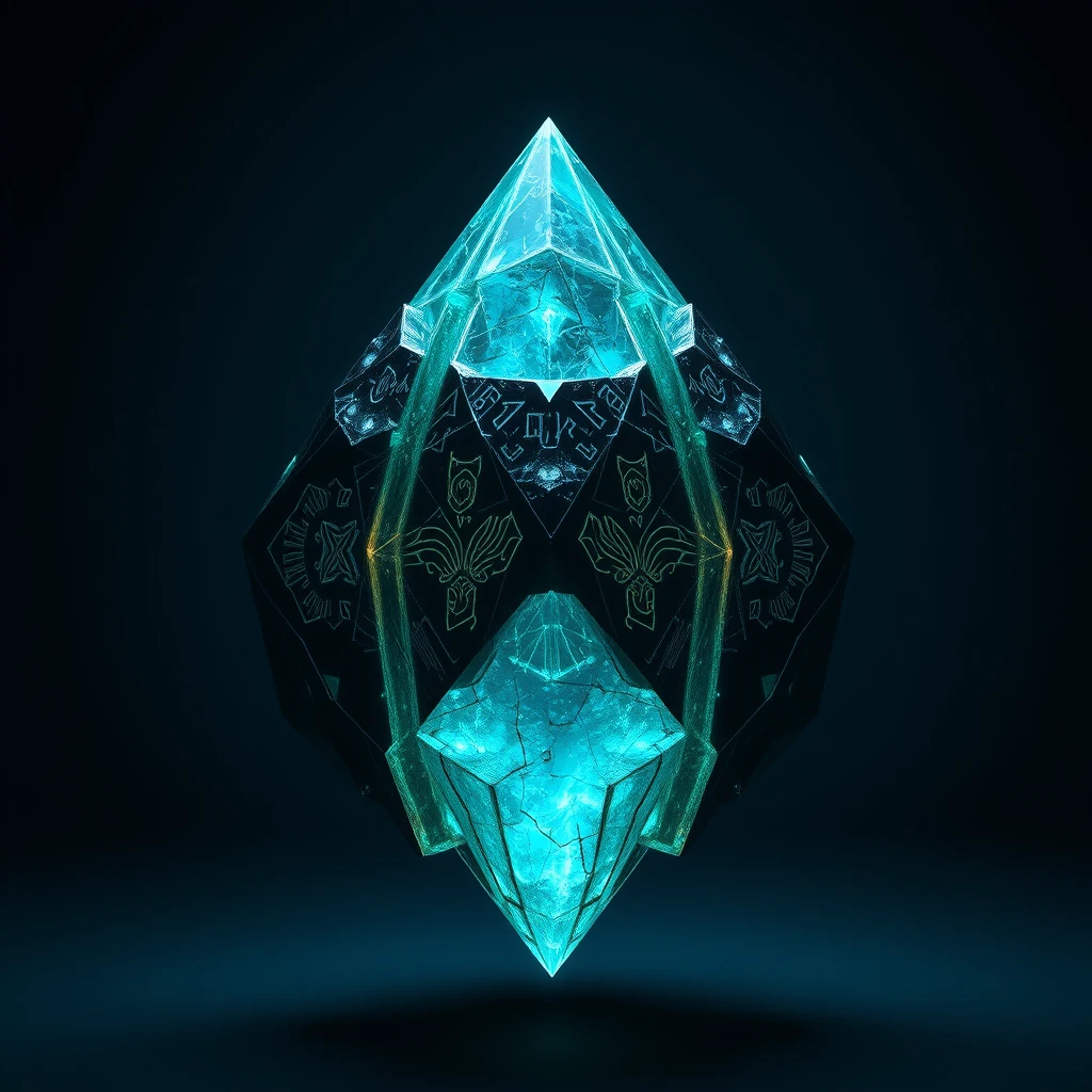 Antigo artefato de cristal alienígena flutuando no espaço abstrato escuro