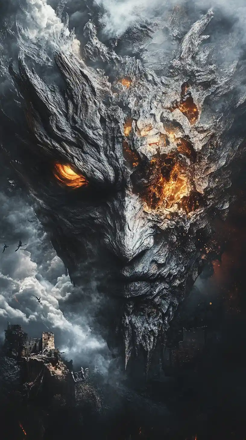 Surreal dragon face dissolving above stormy castle ruins