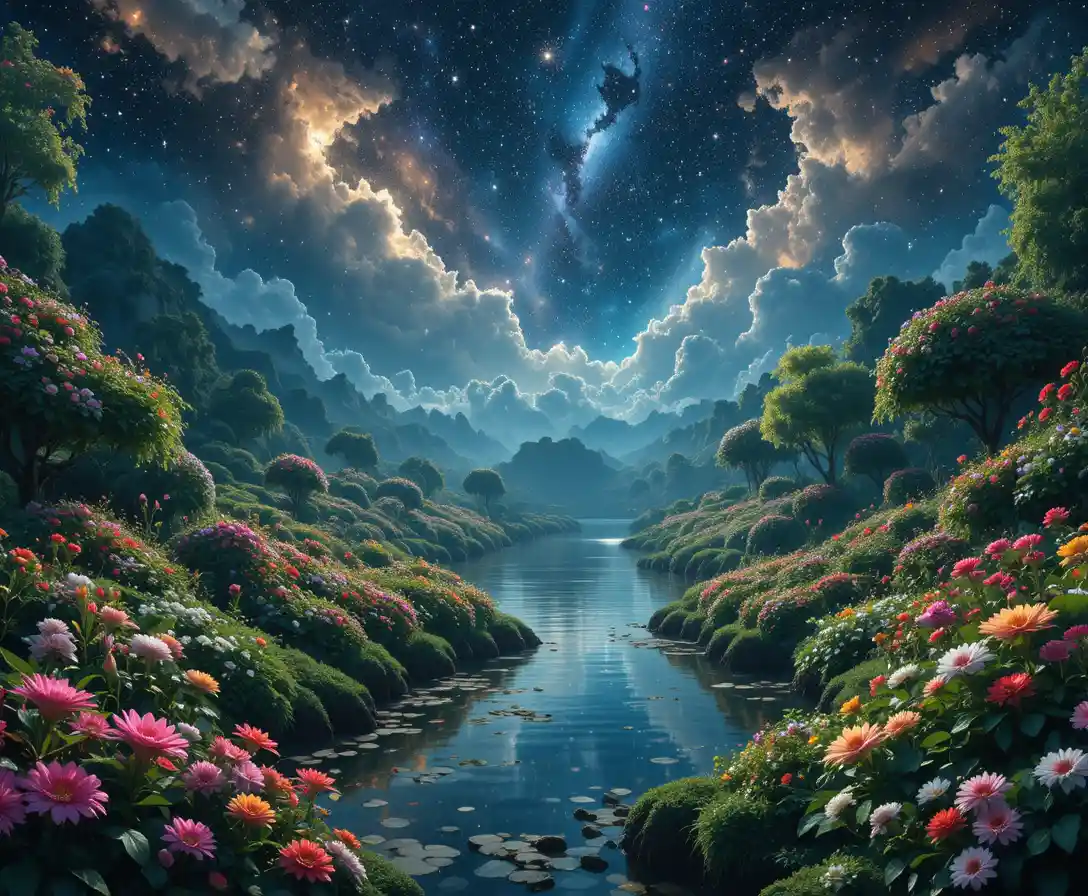 Cielo stellato su un giardino rigoglioso con fiumi riflettenti