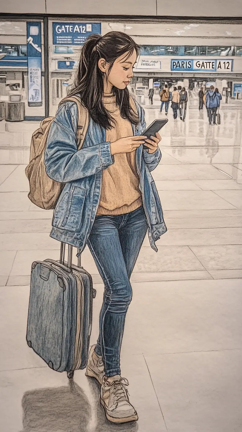 분주한 공항 터미널을 걷는 젊은 여성