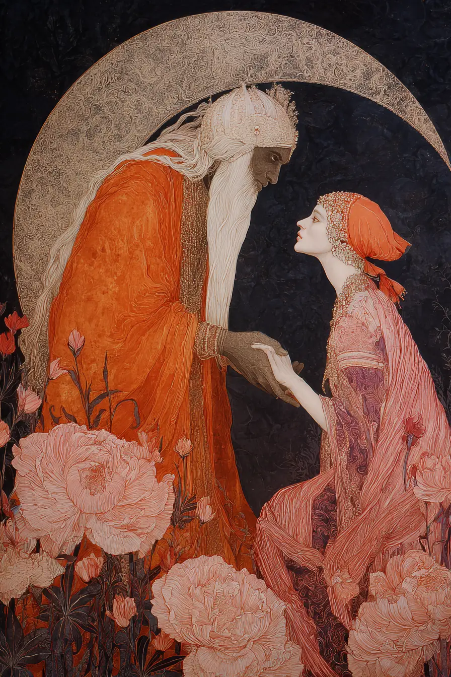 Ancient Indian god and soul bond in surreal illustration
