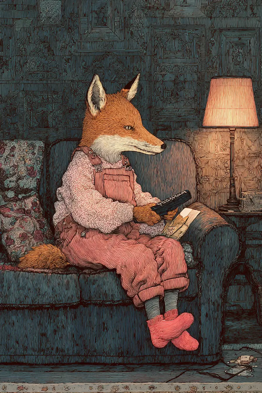 Anthropomorphic fox relaxing on couch with remote