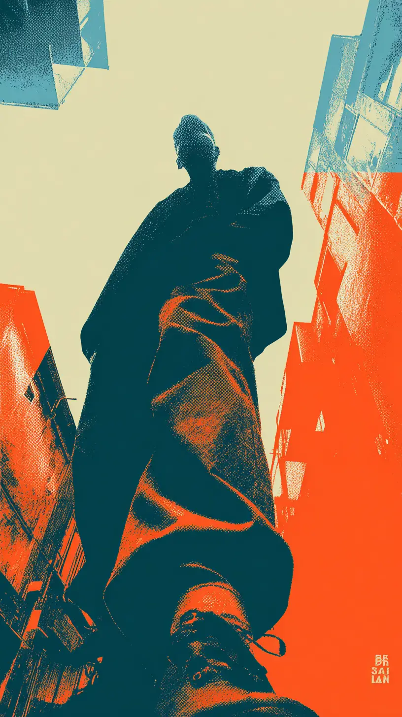 Graphic pop full body figure against urban mural wall