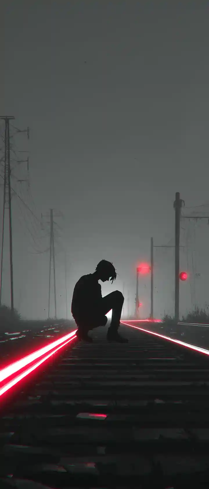 Lonely young man on empty train platform at midnight