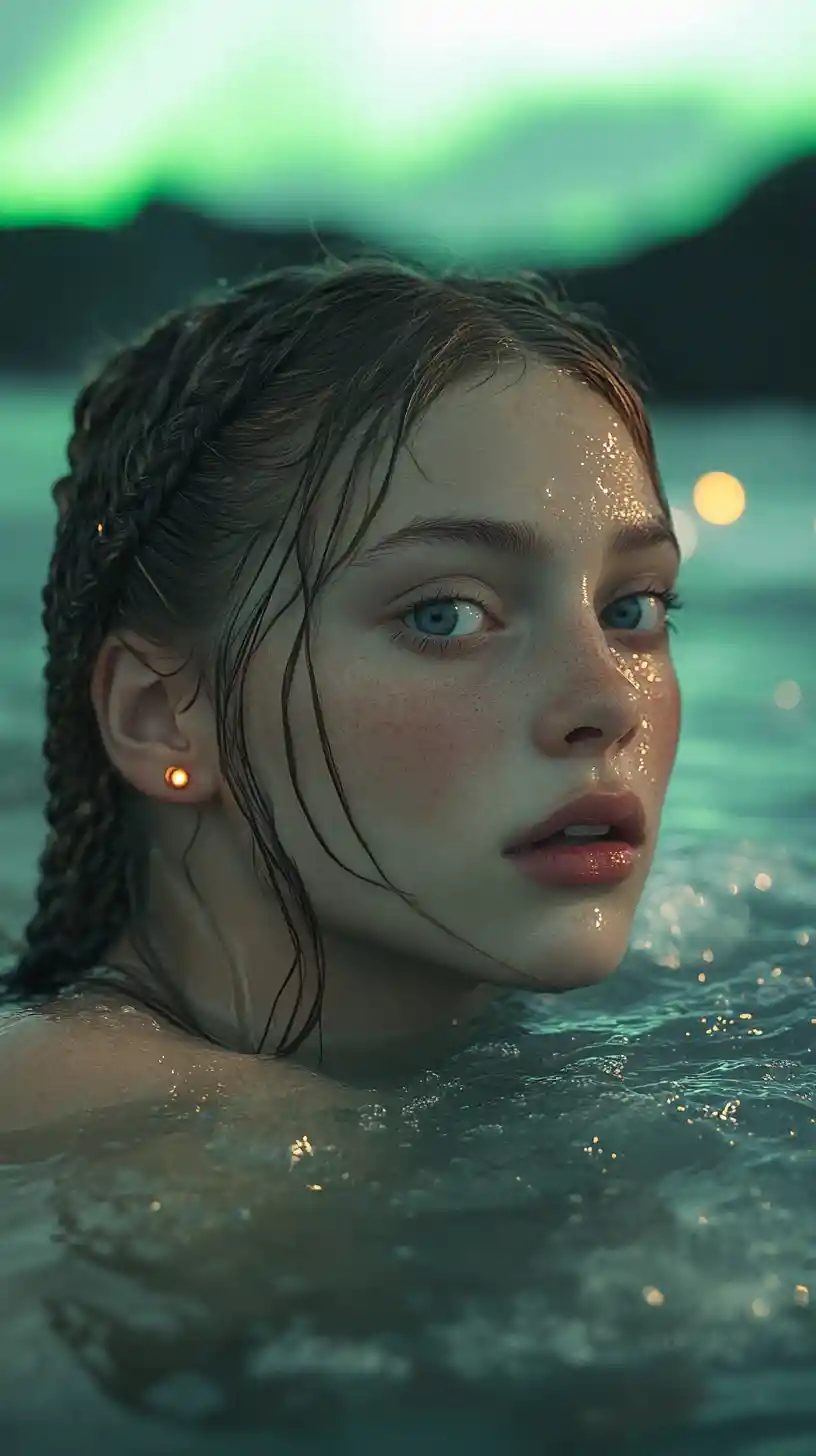 Close up portrait of girl floating in glowing hot spring