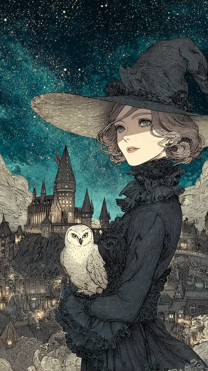 Young witch with glowing owl before mystical castle