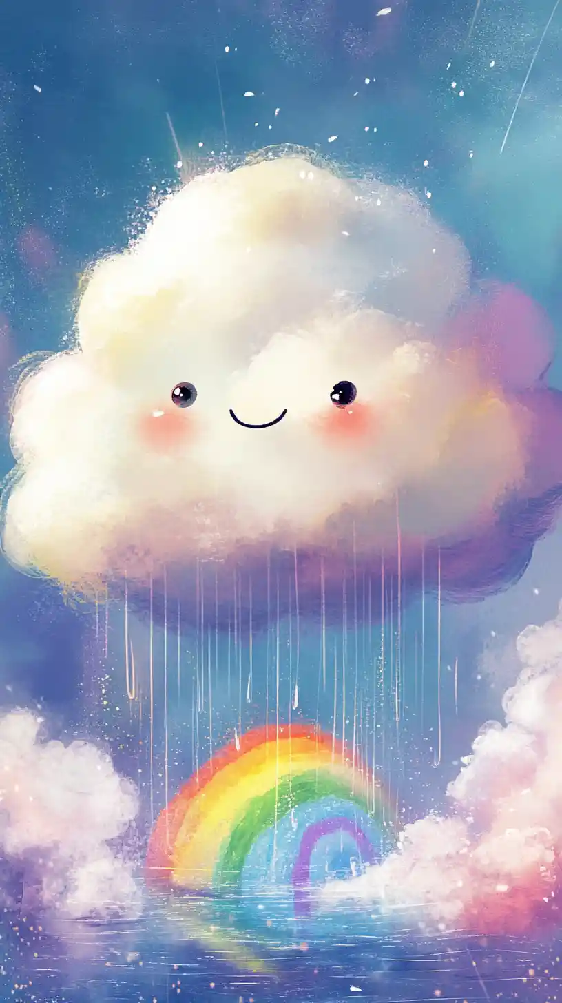 Niedrige Wolkenfigur, die in einen pastellfarbenen Regenbogen regnet