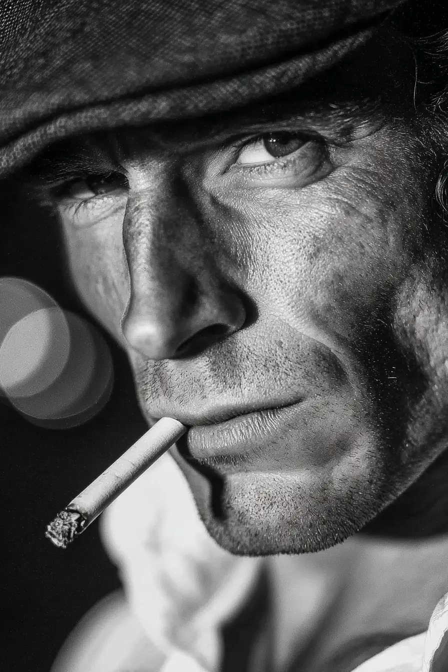 Black and white close up portrait of a smoking man