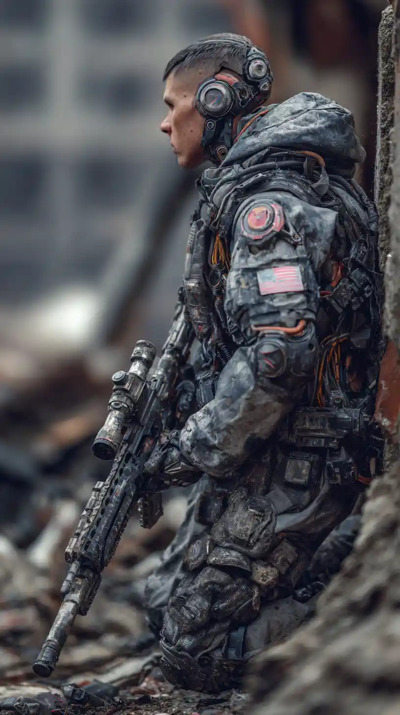 Future soldier sniper in ruined russian urban war zone